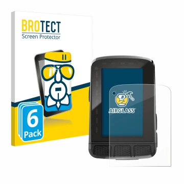 Front side of a product packaging with the brand logo BROTECT. Next to it is the device Wahoo Elemnt Roam V2 GPS shown with th