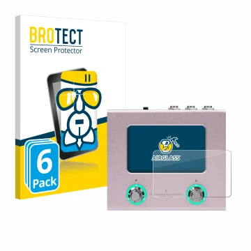 Front side of a product packaging with the brand logo BROTECT. Next to it is the device Hotone Ampero Mini shown with the corr