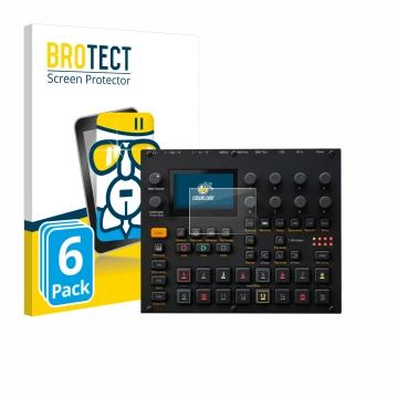 Front side of a product packaging with the brand logo BROTECT. Next to it is the device Elektron Digitakt II shown with the co