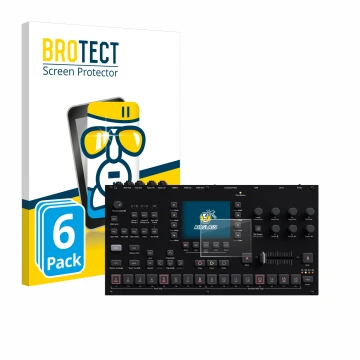 Front side of a product packaging with the brand logo BROTECT. Next to it is the device Elektron Octatrack MKII shown with the