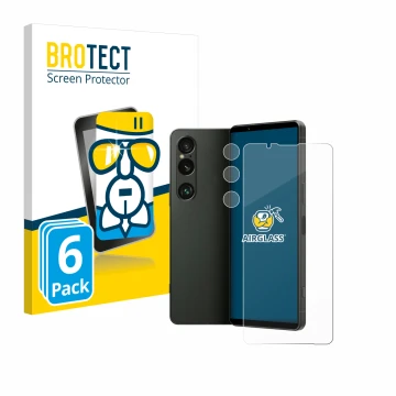Front side of a product packaging with the brand logo BROTECT. Next to it is the device Sony Xperia 1 VI (Front+Camera) shown 