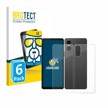 Front side of a product packaging with the brand logo BROTECT. Next to it is the device Sony Xperia 10 VI (Front+Back) shown w