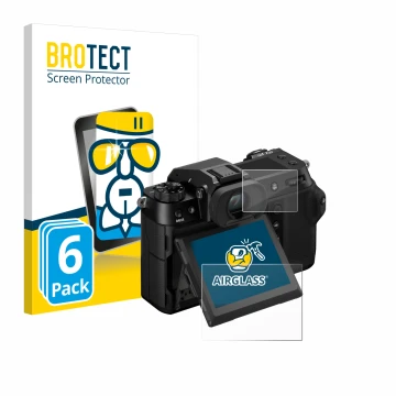 Front side of a product packaging with the brand logo BROTECT. Next to it is the device Fujifilm GFX100S II (Display + top pla