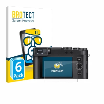Front side of a product packaging with the brand logo BROTECT. Next to it is the device Leica D-Lux 8 shown with the correspon
