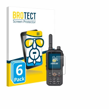 Front side of a product packaging with the brand logo BROTECT. Next to it is the device Inrico T320 shown with the correspondi