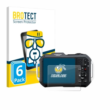 Front side of a product packaging with the brand logo BROTECT. Next to it is the device Ricoh Pentax WG-1000 shown with the co