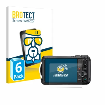 Front side of a product packaging with the brand logo BROTECT. Next to it is the device Ricoh Pentax WG-8 shown with the corre