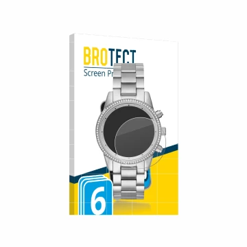 Front side of a product packaging with the brand logo BROTECT. Next to it is the device Michael Kors Ritz MK6428 shown with th