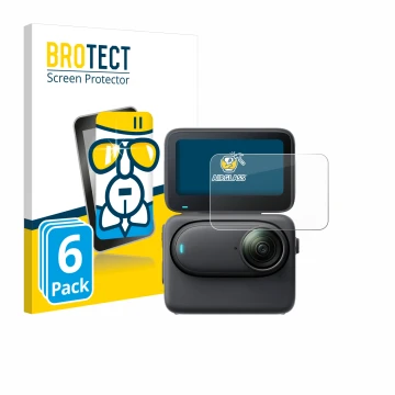 Front side of a product packaging with the brand logo BROTECT. Next to it is the device Insta360 Go 3S shown with the correspo