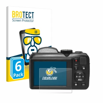 Front side of a product packaging with the brand logo BROTECT. Next to it is the device Kodak Pixpro AZ255 shown with the corr
