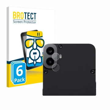 Front side of a product packaging with the brand logo BROTECT. Next to it is the device Nothing CMF Phone 1 (ONLY Camera Lens)