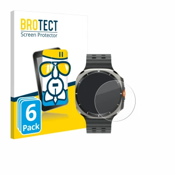 Front side of a product packaging with the brand logo BROTECT. Next to it is the device Samsung Galaxy Watch Ultra (47 mm) sho