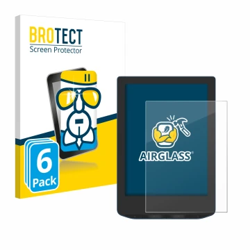 Front side of a product packaging with the brand logo BROTECT. Next to it is the device PocketBook Verse Pro Color shown with 