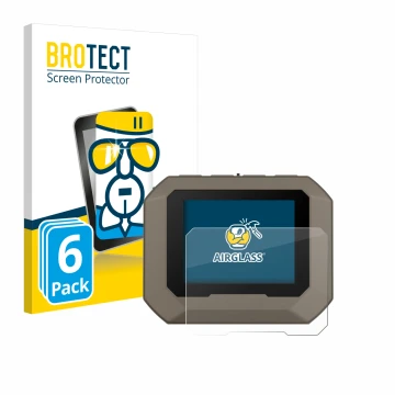Front side of a product packaging with the brand logo BROTECT. Next to it is the device Garmin Xero C1 Pro shown with the corr