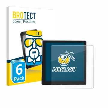 Front side of a product packaging with the brand logo BROTECT. Next to it is the device Shelly Wall Display shown with the cor