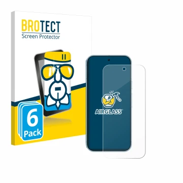 Front side of a product packaging with the brand logo BROTECT. Next to it is the device Google Pixel 9 Pro shown with the corr