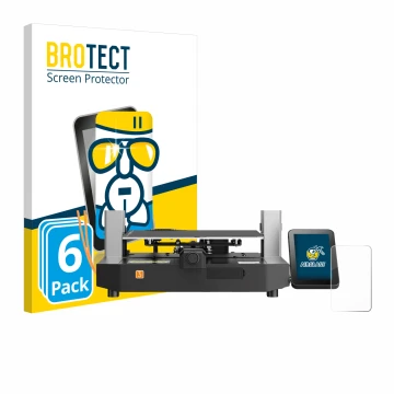 Front side of a product packaging with the brand logo BROTECT. Next to it is the device Anycubic Kobra 3 shown with the corres