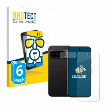 Front side of a product packaging with the brand logo BROTECT. Next to it is the device Google Pixel 9 Pro (Front+Camera) show
