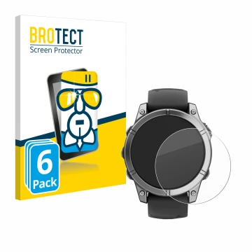 Front side of a product packaging with the brand logo BROTECT. Next to it is the device Garmin Fenix E shown with the correspo
