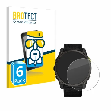 Front side of a product packaging with the brand logo BROTECT. Next to it is the device Garmin Enduro 3 shown with the corresp