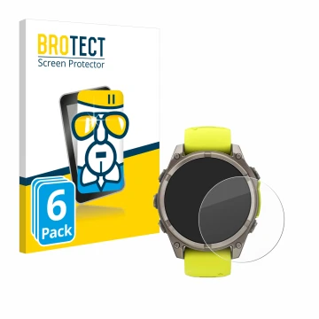 Front side of a product packaging with the brand logo BROTECT. Next to it is the device Garmin Fenix 8 Solar (47 mm) shown wit