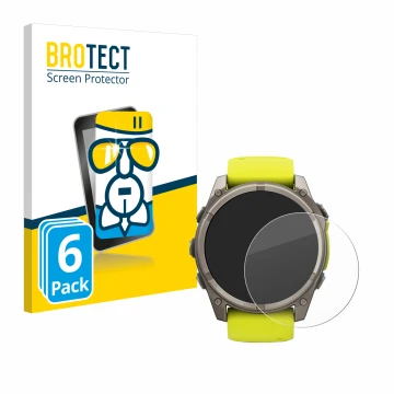 Front side of a product packaging with the brand logo BROTECT. Next to it is the device Garmin Fenix 8 Solar (51 mm) shown wit