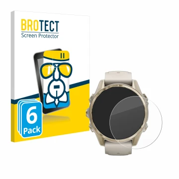 Front side of a product packaging with the brand logo BROTECT. Next to it is the device Garmin Fenix 8 (43 mm) shown with the 
