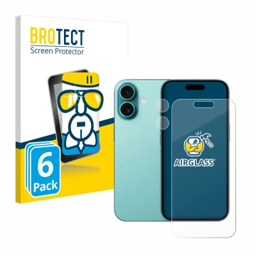 Front side of a product packaging with the brand logo BROTECT. Next to it is the device Apple iPhone 16 (Front+Camera) shown w