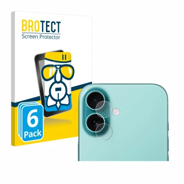 Front side of a product packaging with the brand logo BROTECT. Next to it is the device Apple iPhone 16 Plus (ONLY Camera Lens