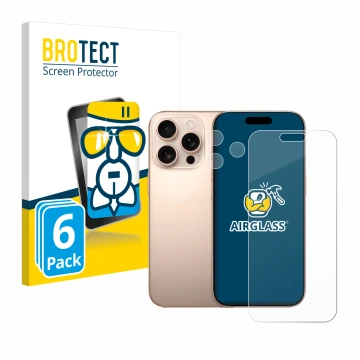 Front side of a product packaging with the brand logo BROTECT. Next to it is the device Apple iPhone 16 Pro Max (Front+Camera)