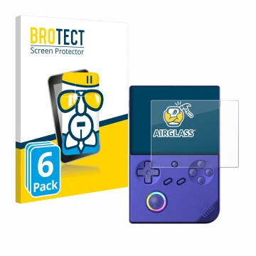 Front side of a product packaging with the brand logo BROTECT. Next to it is the device Anbernic RG40XXV shown with the corres
