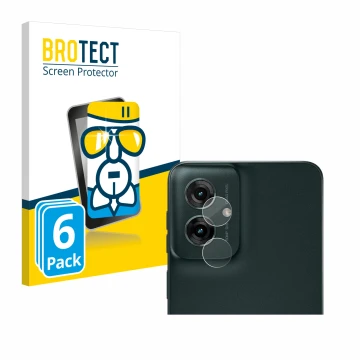 Front side of a product packaging with the brand logo BROTECT. Next to it is the device Motorola Moto G55 (ONLY Camera Lens) s