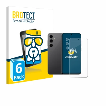 Front side of a product packaging with the brand logo BROTECT. Next to it is the device Samsung Galaxy S24 FE (Front+Camera) s