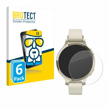 Front side of a product packaging with the brand logo BROTECT. Next to it is the device Garmin Lily 2 Active shown with the co