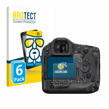 Front side of a product packaging with the brand logo BROTECT. Next to it is the device Canon EOS R1 shown with the correspond
