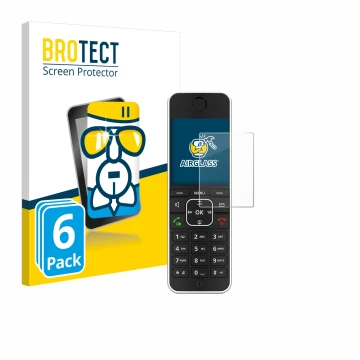 Front side of a product packaging with the brand logo BROTECT. Next to it is the device AVM Fritz!Fon C6 Black shown with the 