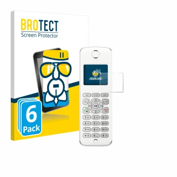 Front side of a product packaging with the brand logo BROTECT. Next to it is the device AVM Fritz!Fon M2 shown with the corres