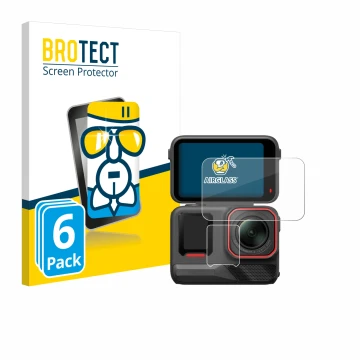 Front side of a product packaging with the brand logo BROTECT. Next to it is the device Insta360 Ace Pro 2 shown with the corr