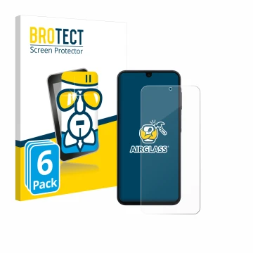 Front side of a product packaging with the brand logo BROTECT. Next to it is the device Samsung Galaxy A16 4G shown with the c