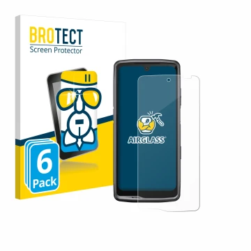 Front side of a product packaging with the brand logo BROTECT. Next to it is the device Crosscall Stellar M6 shown with the co