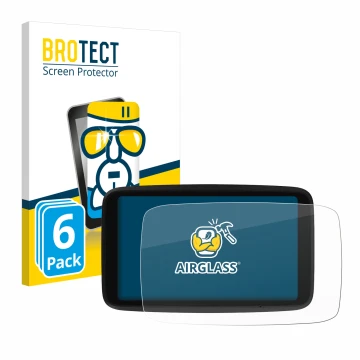 Front side of a product packaging with the brand logo BROTECT. Next to it is the device TomTom GO Advanced shown with the corr