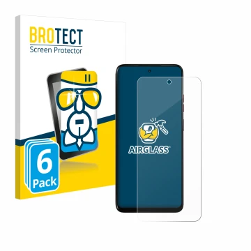 Front side of a product packaging with the brand logo BROTECT. Next to it is the device Motorola Moto G05 shown with the corre