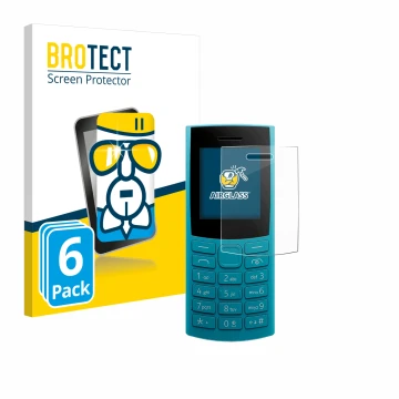Front side of a product packaging with the brand logo BROTECT. Next to it is the device Nokia 105 4G 2nd Edition shown with th