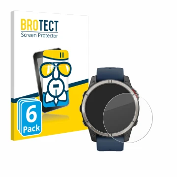 Front side of a product packaging with the brand logo BROTECT. Next to it is the device Garmin quatix 7 Pro shown with the cor