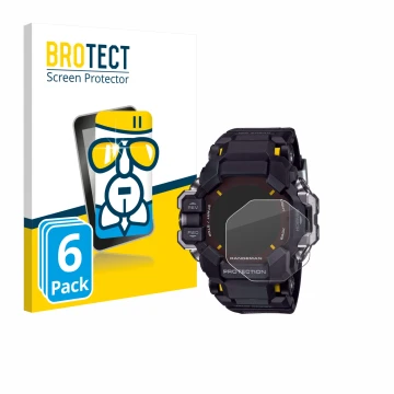 Front side of a product packaging with the brand logo BROTECT. Next to it is the device Casio G-Shock GPR-H 1000 shown with th