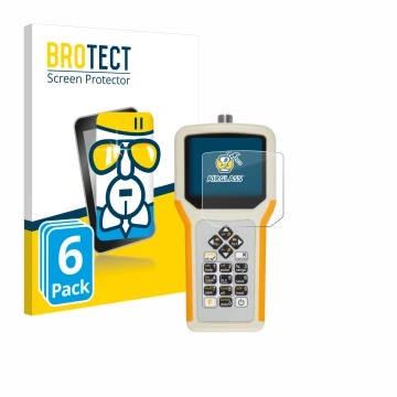 Front side of a product packaging with the brand logo BROTECT. Next to it is the device RigExpert AA-55 Zoom shown with the co