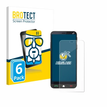 Front side of a product packaging with the brand logo BROTECT. Next to it is the device Brondi Amico Vero 4G shown with the co