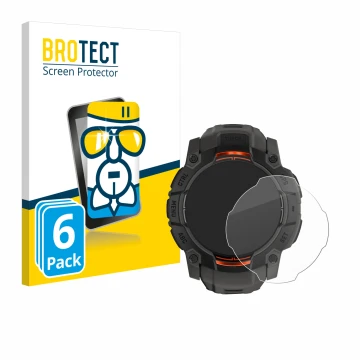Front side of a product packaging with the brand logo BROTECT. Next to it is the device Garmin Instinct 3 Solar (50 mm) shown 