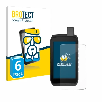 Front side of a product packaging with the brand logo BROTECT. Next to it is the device Garmin Montana 710 shown with the corr