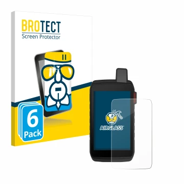 Front side of a product packaging with the brand logo BROTECT. Next to it is the device Garmin Montana 710i shown with the cor
